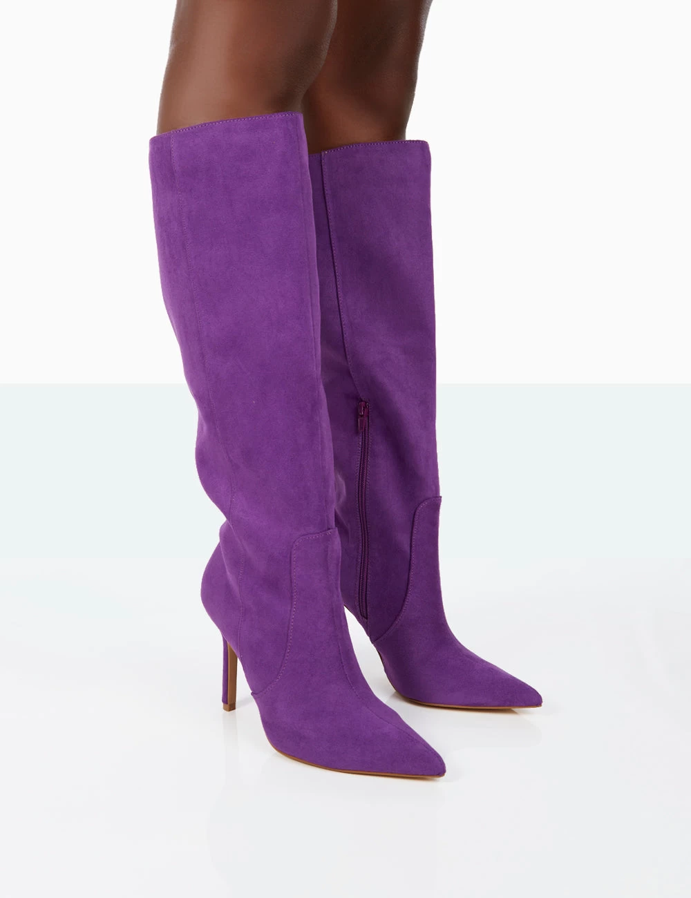 Best Believe Purple Faux Suede Pointed Toe Stiletto Heeled Knee High Boots 1 Best Believe Purple Faux Suede Pointed Toe Stiletto Heeled Knee High Boots
