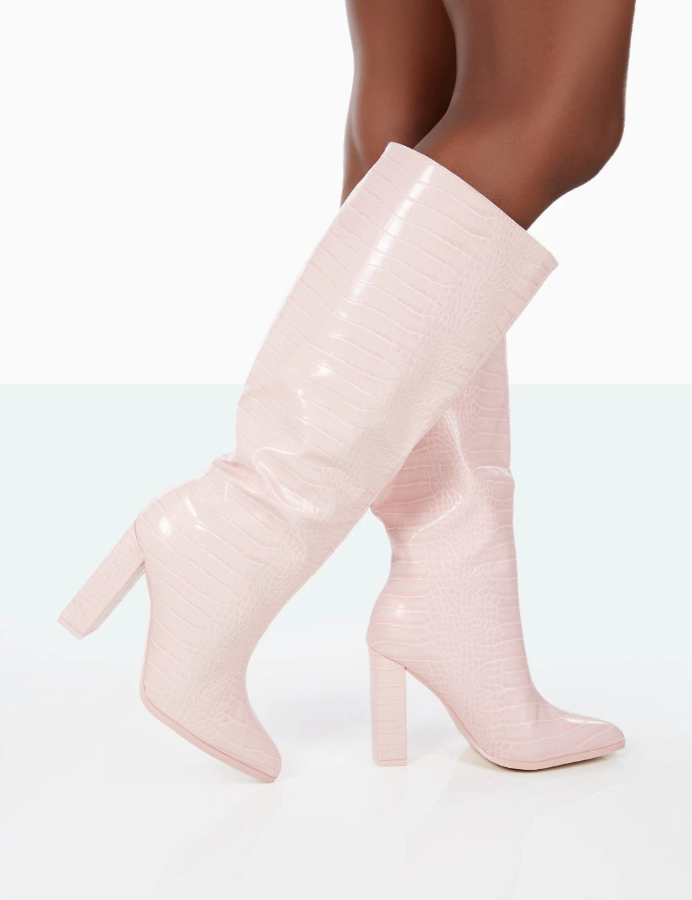 Posie Wide Fit Baby Pink Croc PU Knee High Block Heel Boots 2 Posie Wide Fit Baby Pink Croc PU Knee High Block Heel Boots - Image 2