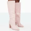 Posie Wide Fit Baby Pink Croc PU Knee High Block Heel Boots