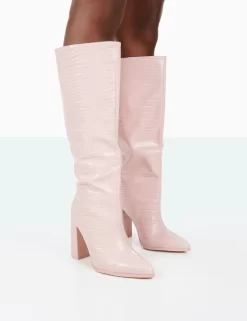 Posie Wide Fit Baby Pink Croc PU Knee High Block Heel Boots