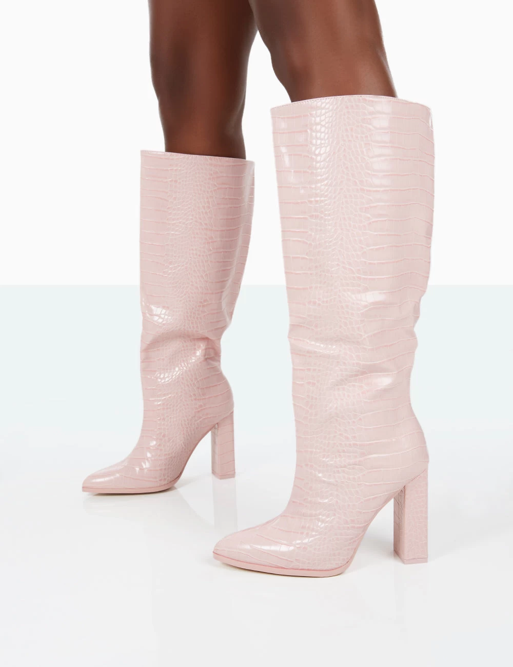 Posie Wide Fit Baby Pink Croc PU Knee High Block Heel Boots 4 Posie Wide Fit Baby Pink Croc PU Knee High Block Heel Boots - Image 4