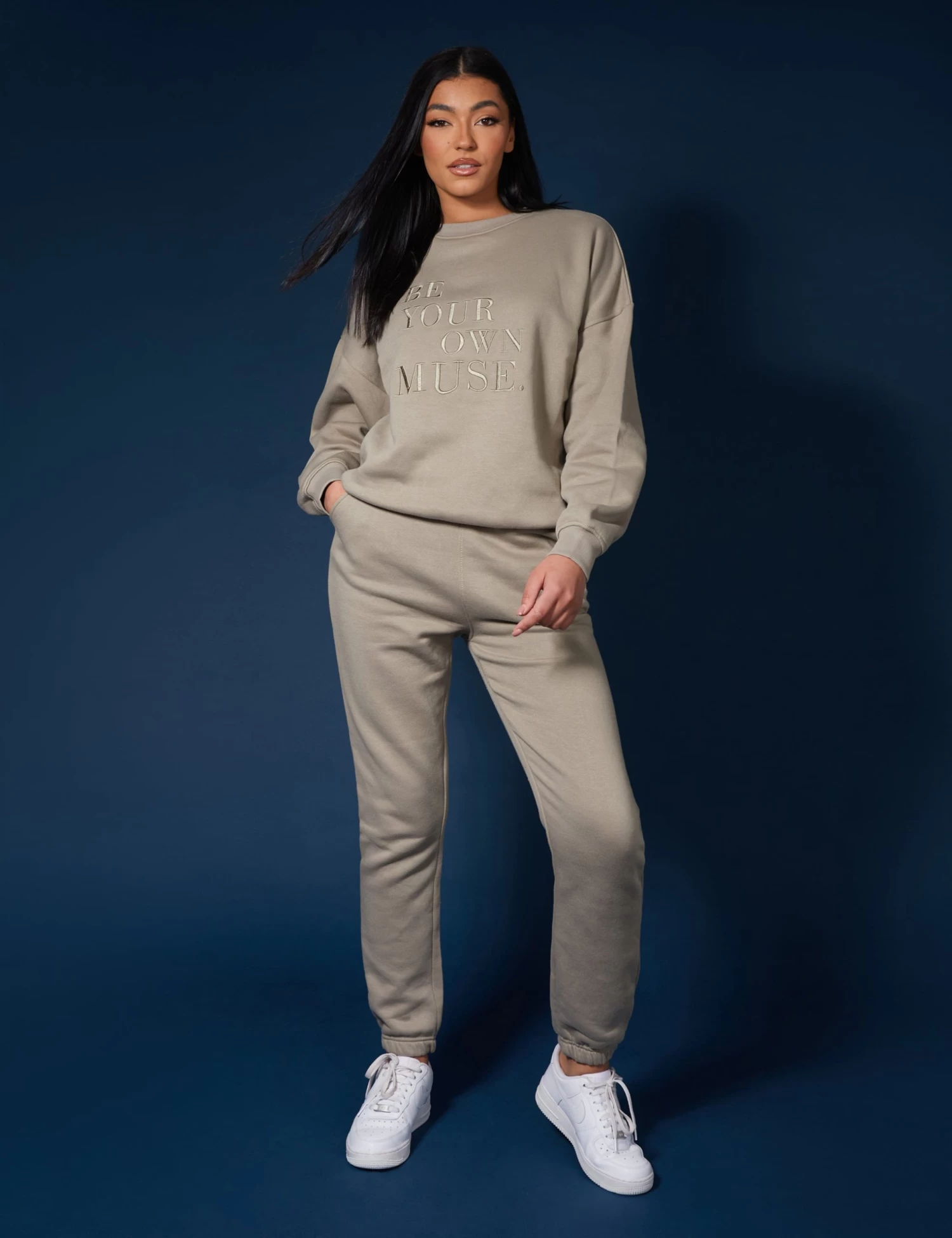Be Your Own Muse Embroidered Sweatshirt Khaki 2 Be Your Own Muse Embroidered Sweatshirt Khaki - Image 2