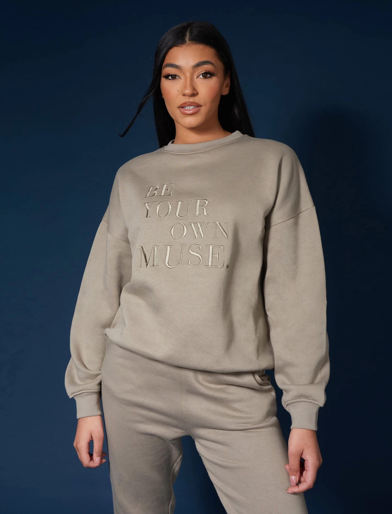 Be Your Own Muse Embroidered Sweatshirt Khaki 1 Be Your Own Muse Embroidered Sweatshirt Khaki