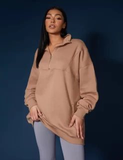 Oversized Half Zip Pullover Sweat Dress Camel -Chic Step Shop 33333567 scaled