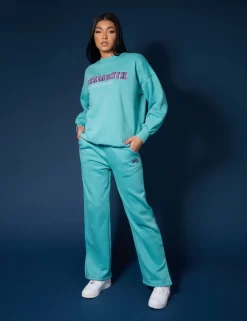 Oversized Embroidered Slogan Sweatshirt Aqua