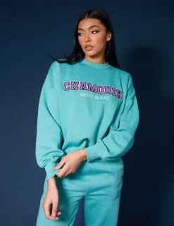 Oversized Embroidered Slogan Sweatshirt Aqua -Chic Step Shop 33333819 scaled