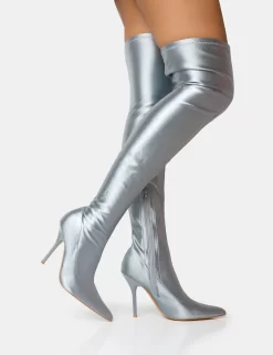 Instinct Silver Lycra Pointed Toe Stiletto Thigh High Boots -Chic Step Shop 3 bc191c7e e8f4 413e 88a7 6c083e04a818 scaled