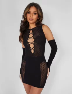 Mesh Panel Keyhole Mini Dress With Arm Warmers Black -Chic Step Shop 3 e6e77937 761f 4f72 8a5e 47ec70457e1d