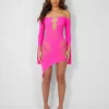 Mesh Panel Keyhole Off The Shoulder Asymmetric Mini Dress Pink