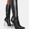 Jayden Black Pu Padlock Detail Pointed Toe Gold Stiletto Heel Knee High Boots
