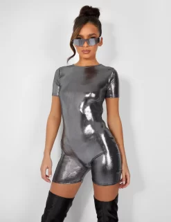 Metallic Open Back Detail Short Sleeve Unitard Playsuit Silver -Chic Step Shop 4 69a12414 e7ed 4a89 abad a7856193d2f2 scaled