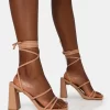Natty Wide Fit Nude Pu Lace Up Square Toe Mid Block Heels