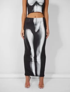 Body Heat Print Slinky Midaxi Skirt Black -Chic Step Shop 4skirt scaled