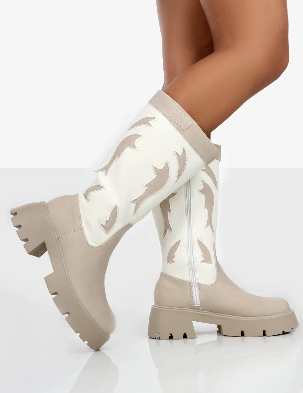 Fly Away Ecru Pu Round Toe Western Cowboy Platform Chunky Sole Knee High Boots 3 Fly Away Ecru Pu Round Toe Western Cowboy Platform Chunky Sole Knee High Boots - Image 3