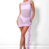 Semi-sheer Asymmetric Ruffle Detail Mini Dress Pink