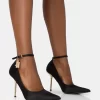 Lotty Black Satin Padlock Ankle Detail Pointed Court Stiletto Heels