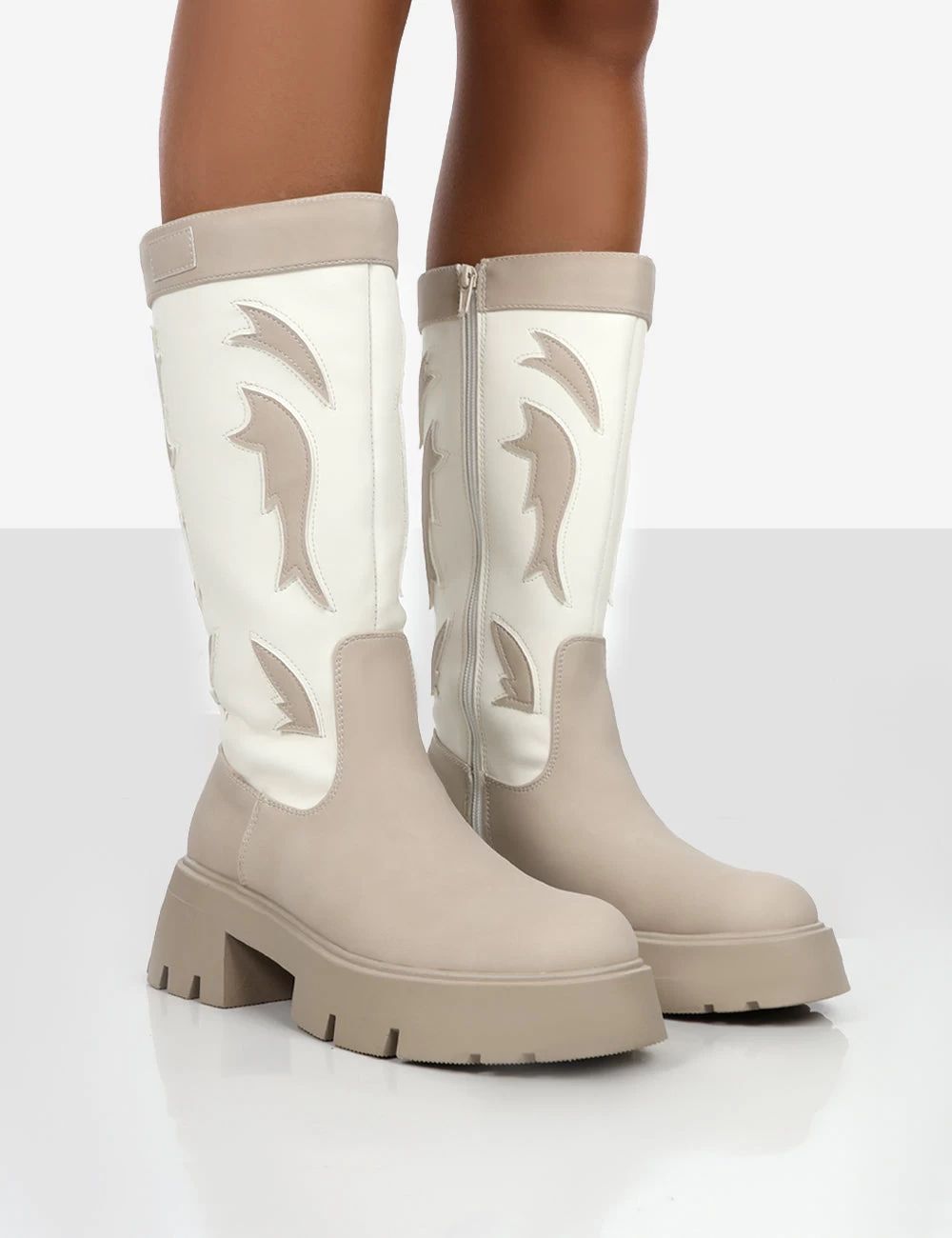 Fly Away Ecru Pu Round Toe Western Cowboy Platform Chunky Sole Knee High Boots 1 Fly Away Ecru Pu Round Toe Western Cowboy Platform Chunky Sole Knee High Boots