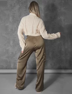 Split Hem Satin Elasticated Waist Wide Leg Cargo Trousers Khaki -Chic Step Shop 6copy scaled