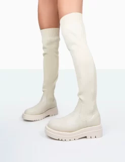 New-Me Ecru Pu And Knit Over The Knee Chunky Sole Sock Fit Boots 6 New-Me Ecru Pu And Knit Over The Knee Chunky Sole Sock Fit Boots -Chic Step Shop 771A0002 5545689f 54c6 4d4e 9456 458bebd38ab2