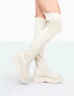 New-Me Ecru Pu And Knit Over The Knee Chunky Sole Sock Fit Boots