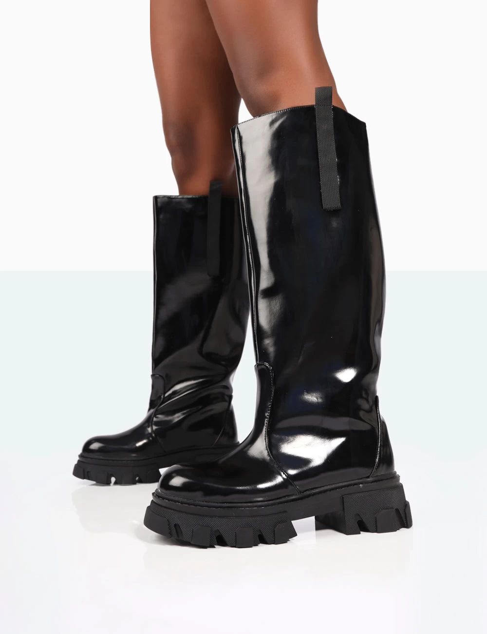 Genius Wide Fit Black Box Patent Knee High Chunky Sole Boots 2 Genius Wide Fit Black Box Patent Knee High Chunky Sole Boots - Image 2