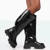 Genius Wide Fit Black Box Patent Knee High Chunky Sole Boots