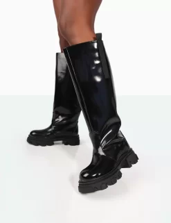 Genius Wide Fit Black Box Patent Knee High Chunky Sole Boots 6 Genius Wide Fit Black Box Patent Knee High Chunky Sole Boots -Chic Step Shop 771A0012