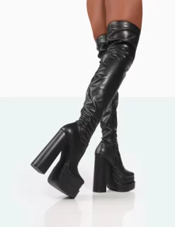 Identity Wide Fit Black Pu Platform Over The Knee Boots -Chic Step Shop 771A0016 Copy