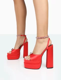 Frozen Red Satin Sparkly Diamante Strap Open Toe Block Platform Heels 7 Frozen Red Satin Sparkly Diamante Strap Open Toe Block Platform Heels -Chic Step Shop 771A0077