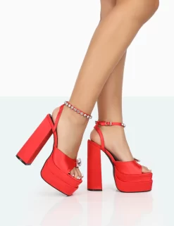 Frozen Red Satin Sparkly Diamante Strap Open Toe Block Platform Heels 6 Frozen Red Satin Sparkly Diamante Strap Open Toe Block Platform Heels -Chic Step Shop 771A0078