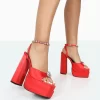 Frozen Red Satin Sparkly Diamante Strap Open Toe Block Platform Heels
