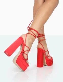 Glow Girl Red Satin PU Lace Up Platform High Heels 6 Glow Girl Red Satin PU Lace Up Platform High Heels -Chic Step Shop 771A0100