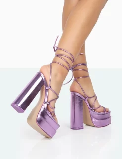 Glow Girl Purple Metallic PU Lace Up Platform High Heels 6 Glow Girl Purple Metallic PU Lace Up Platform High Heels -Chic Step Shop 771A0104