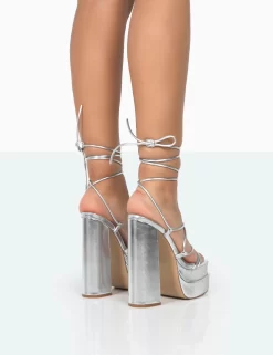 Glow Girl Silver Metallic PU Lace Up Platform High Heels -Chic Step Shop 771A0108