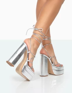 Glow Girl Silver Metallic PU Lace Up Platform High Heels -Chic Step Shop 771A0109