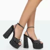 Mia Black Satin Pearl Open Toe Block Platform Heels