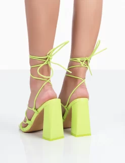 Coco Lime Grain Square Toe Strappy Lace Up Block Heels -Chic Step Shop 771A0267