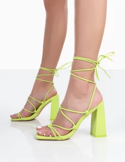 Coco Lime Grain Square Toe Strappy Lace Up Block Heels -Chic Step Shop 771A0268