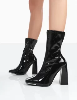 Liberty Wide Fit Black Patent Sock Block Heeled Ankle Boots -Chic Step Shop 771A0276