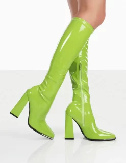 Caryn Lime Patent Knee High Block Heeled Boots 6 Caryn Lime Patent Knee High Block Heeled Boots -Chic Step Shop 771A0282