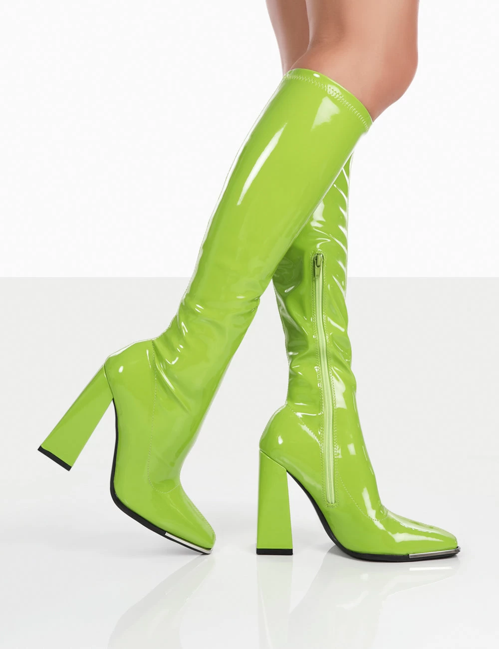 Caryn Lime Patent Knee High Block Heeled Boots 3 Caryn Lime Patent Knee High Block Heeled Boots - Image 3