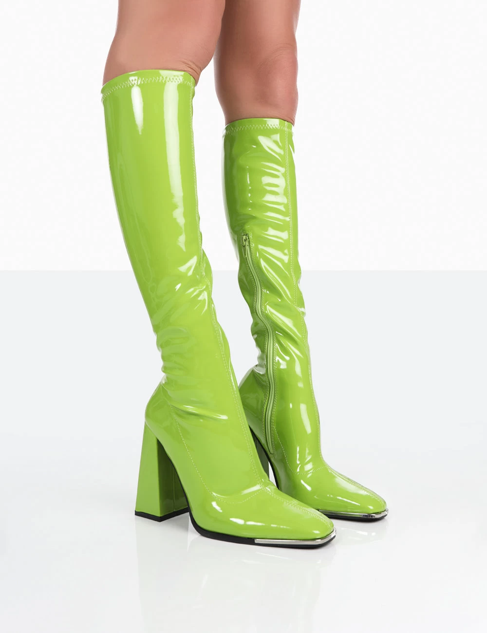 Caryn Lime Patent Knee High Block Heeled Boots 1 Caryn Lime Patent Knee High Block Heeled Boots
