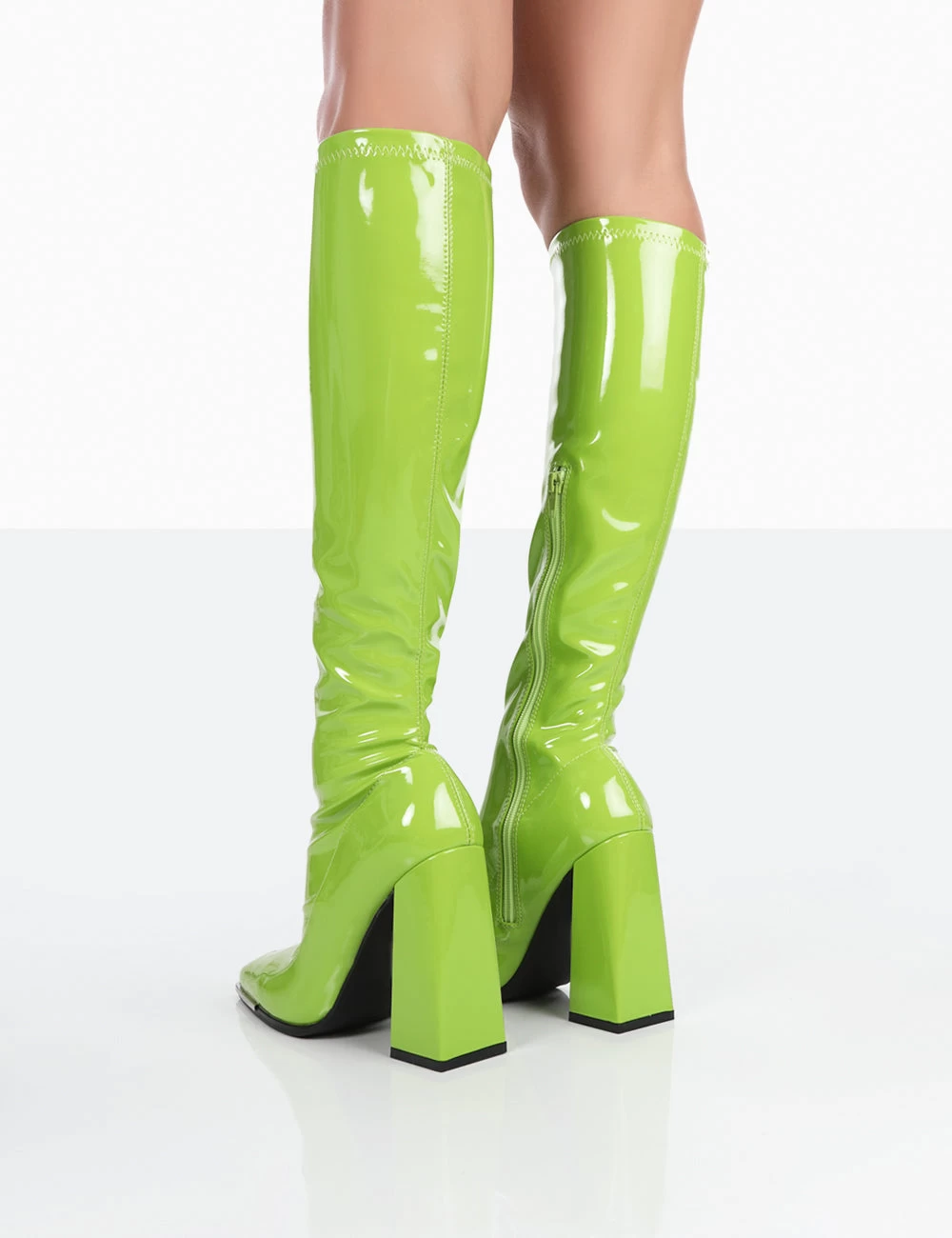 Caryn Lime Patent Knee High Block Heeled Boots 4 Caryn Lime Patent Knee High Block Heeled Boots - Image 4