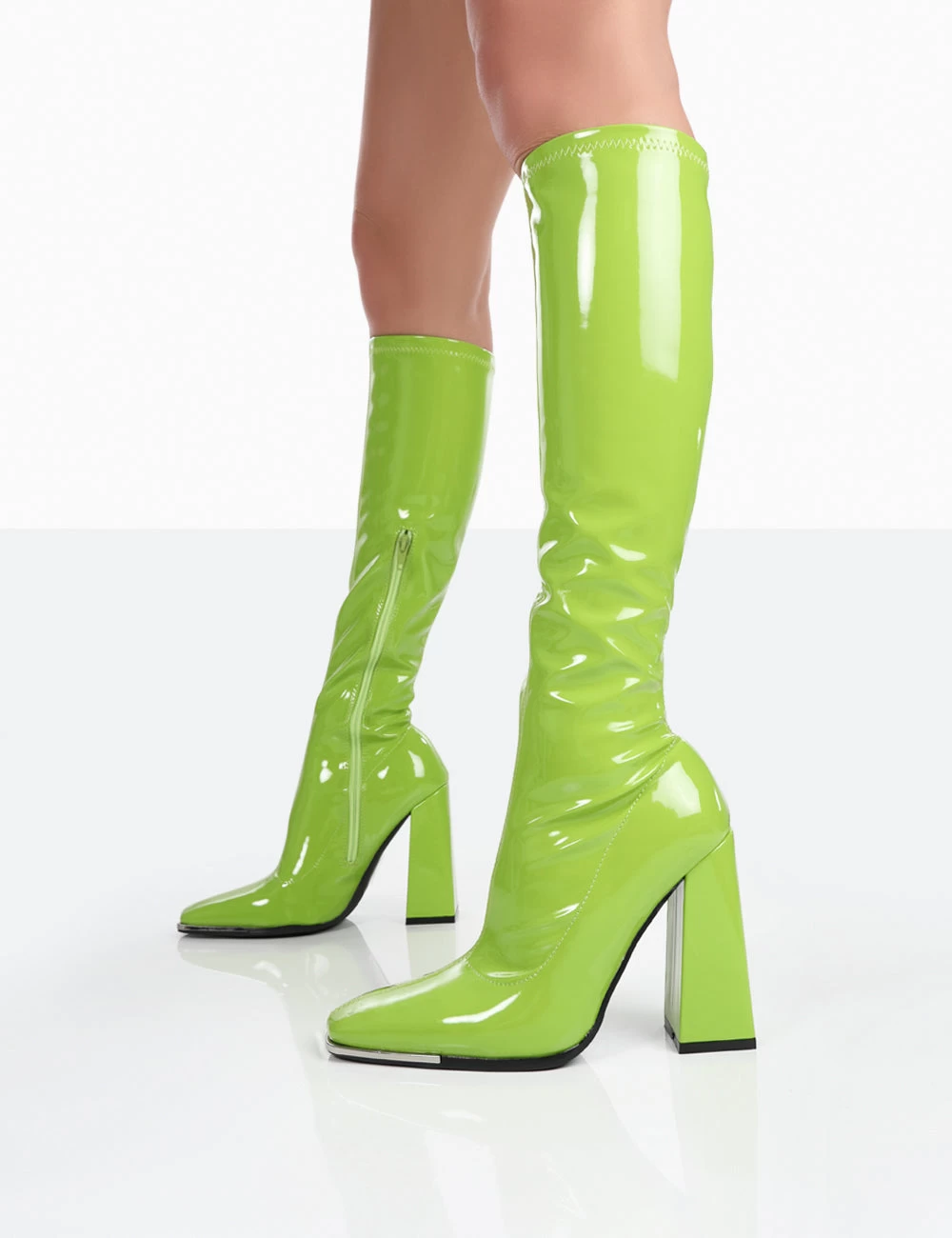 Caryn Lime Patent Knee High Block Heeled Boots 2 Caryn Lime Patent Knee High Block Heeled Boots - Image 2