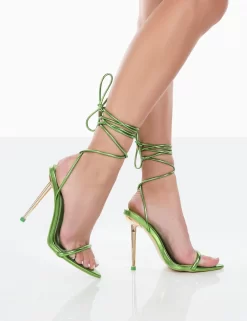 Look Back Green Metallic Pu Pointed Toe Lace Up Stiletto Heels -Chic Step Shop 771A0450