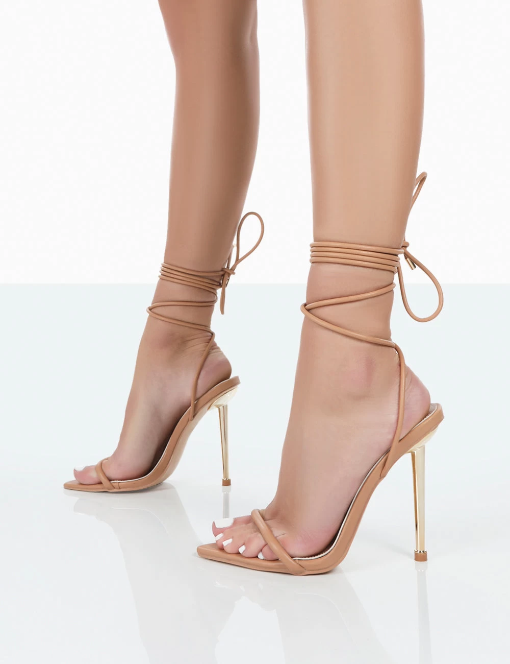 Look Back Nude Pu Pointed Toe Lace Up Stiletto Heels 4 Look Back Nude Pu Pointed Toe Lace Up Stiletto Heels - Image 4