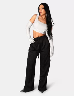 Split Hem Satin Elasticated Waist Wide Leg Cargo Trousers Black -Chic Step Shop 771A0610 692649a6 d808 4cd1 bcaa 4bac0583f01a