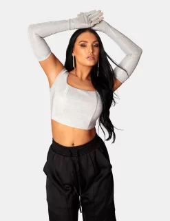 GLITTER CORSET TOP WITH MATCHING GLOVES SILVER -Chic Step Shop 771A0618