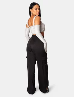 Split Hem Satin Elasticated Waist Wide Leg Cargo Trousers Black -Chic Step Shop 771A0635 6c7ea98a f7c7 4b41 939f e593d326d3e9