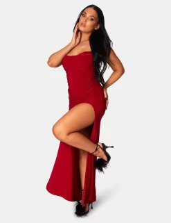 Cowl Neck Extreme Split Slinky Maxi Dress Red -Chic Step Shop 771A0641